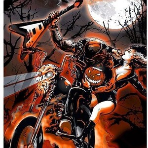 Lámina artística del Jinete Metálico sin Cabeza: Terror motero de Halloween