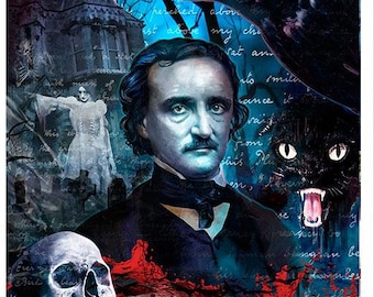 Lámina gótica de Edgar Allan Poe: Cuervo, Gato Negro y Usher - Firmada