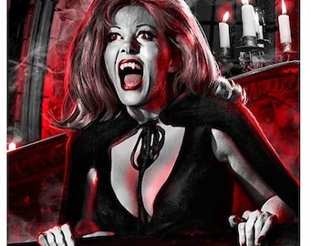 Lámina de vampiros de Ingrid Pitt: La casa que goteaba sangre, ilustración de terror firmada