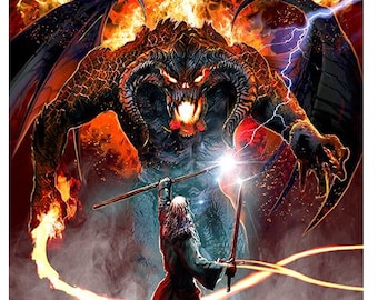 Lámina artística de BALROG vs. GANDALF – Duelo de Balrog y Mago de ESDLA – por Scott Jackson – 3 tamaños