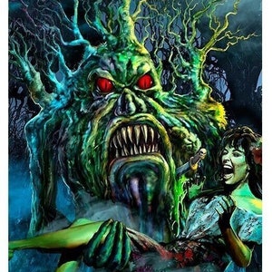 May include: A green, monstrous tree creature with red eyes and sharp teeth grabs a woman in a white dress in a dark, foggy forest.