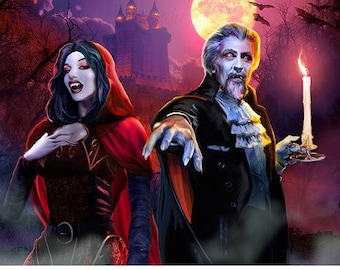 Póster artístico de Drácula y Carmilla – Dúo de vampiros – de Scott Jackson – 3 tamaños