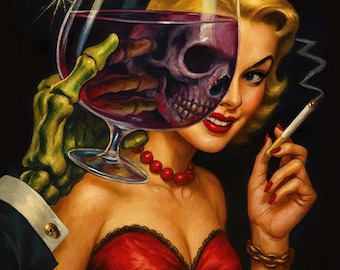 Lámina de cómic de terror vintage: Femme Fatale, mano de esqueleto y vino, de Scott Jackson