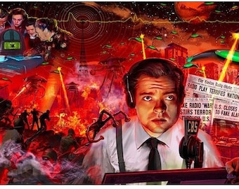 Impresión artística de LA GUERRA DE LOS MUNDOS – Orson Welles, Pánico en la transmisión – Collage de invasión alienígena – por Scott Jackson – 3 tamaños