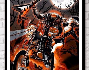 3 SIZES Headless Horseman Halloween Biker Art Print poster by artist Scott Jackson Heavy Metal Ghost rider Rock n Roll tattoo canvas print