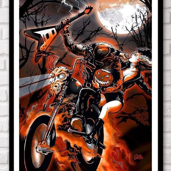 3 SIZES Headless Horseman Halloween Biker Art Print poster by artist Scott Jackson Heavy Metal Ghost rider Rock n Roll tattoo canvas print