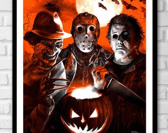 Impresión artística de Halloween Slasher: Freddy, Jason, Michael - Tributo a Scott Jackson