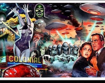 Lámina de ciencia ficción retro: Collage de la Tierra contra platillos voladores - Scott Jackson