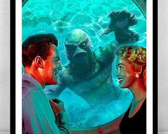 3 SIZES CREATURE from the Black Lagoon Art Print Poster by Scott Jackson Gill man Horror Movie Monsters The Creature Canvas Print Metallic