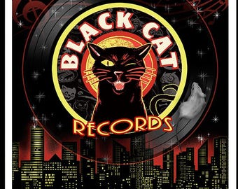 Black Cat Records Art Print: Retro Jazz Poster, Halloween Music Decor