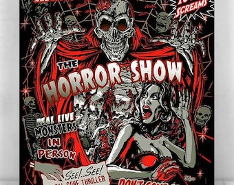 Vintage Horror Show Art Print: Skeleton Host, Scream Queen, Monsters