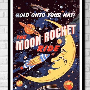 3 SIZES MOND ROCKET Rutsche Poster Kunstdruck Vintage Karneval Poster Retro Raumschiff Freizeitpark Leinwanddruck