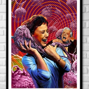 以下が含まれることがあります： 脳のような生き物が女性の頭を包み込み、彼女は恐怖で叫んでいます。背景には、同じような生き物に絞め殺されている男性の姿が見えます。画像は、ピンクとオレンジが渦巻く背景に描かれています。