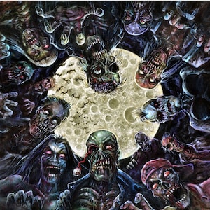 Puede incluir: Una ilustración digital de un grupo de zombis rodeando una luna llena. Los zombis se representan en una variedad de poses, con algunos extendiendo la mano hacia el espectador. La luna es de color amarillo brillante y tiene una superficie llena de cráteres. El fondo es de color azul oscuro.