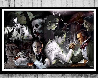 Lámina artística de Frankenstein: Enrique contra Víctor, la novia y la mujer creada