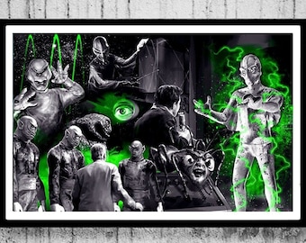 Impresión artística de ciencia ficción de Outer Limits: Collage de criaturas de televisión de los años 60 de Scott Jackson (3 tamaños)