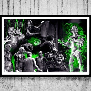 May include: Black and white illustration of a group of monsters and aliens, with green glowing accents. The image features a variety of creatures, including a creature with a large eye, a creature with a long, thin body, and a creature with a large head and sharp teeth.