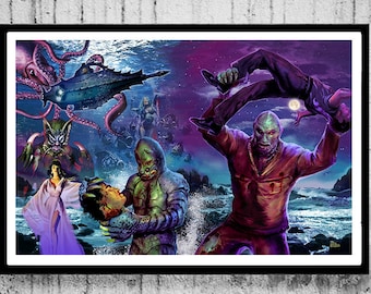 3 SIZES Creature Walks among us Art Poster Print Sea Monsters Creatures mash up by Scott Jackson canvas metallic