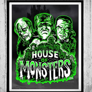 HOUSE OF MONSTERS Art Print – Retro Horror Mashup Poster by Scott Jackson – Classic Monsters Wall Art for Halloween Fans