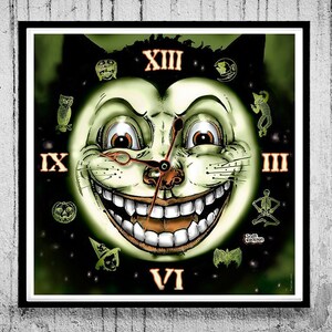 May include: A square wall clock featuring a central illustration of a grinning cat face with large eyes and teeth. The clock face displays Roman numerals XIII, III, VI, and IX, surrounded by small icons of owls, skeletons, and witches in green.