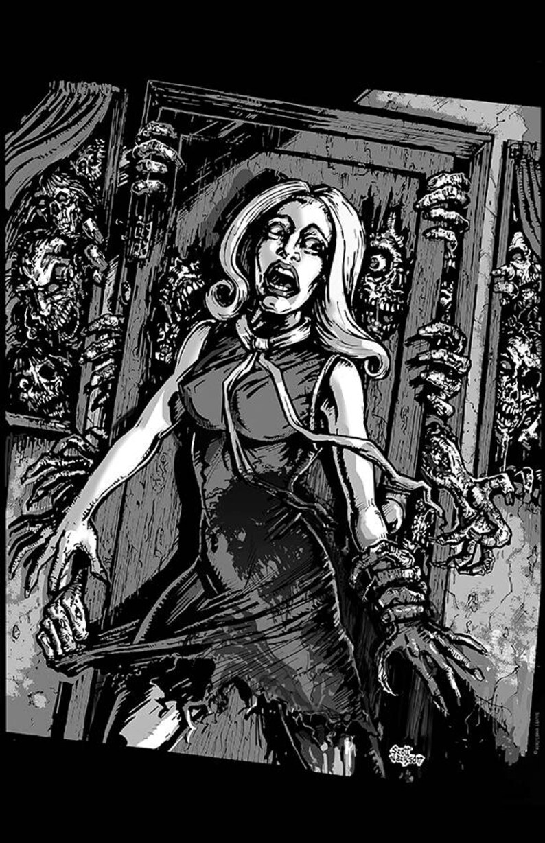 May include: A black and white illustration of a woman screaming in terror as she is surrounded by the hands of zombies reaching out from a doorway.
