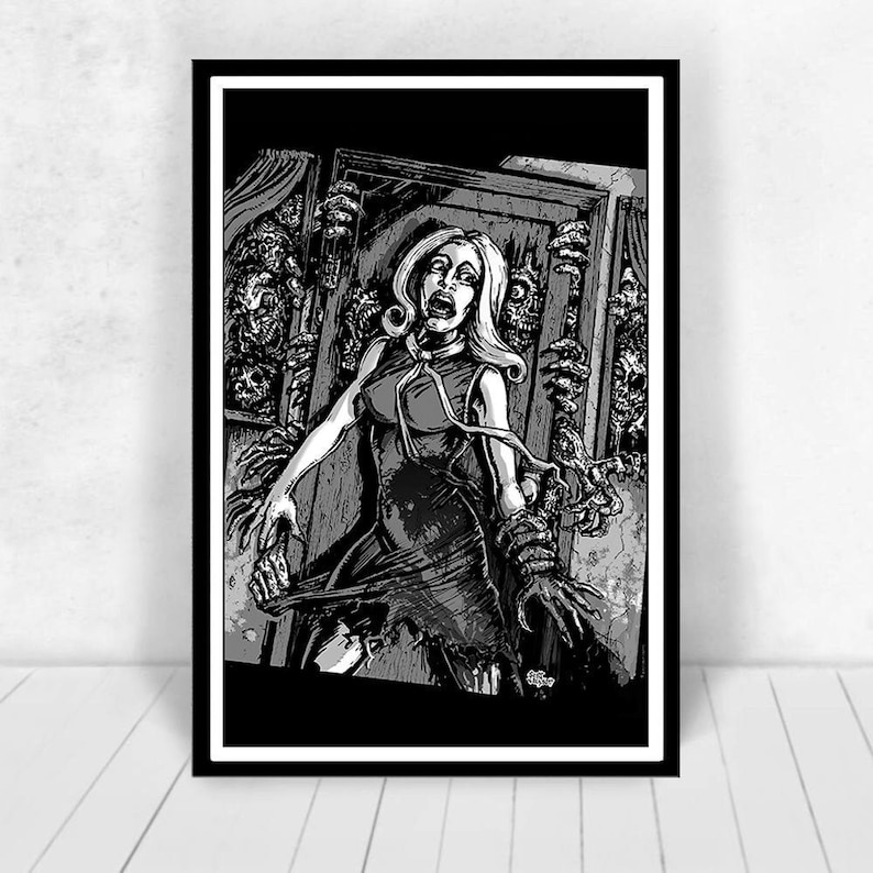 May include: Black and white illustration of a woman with long hair screaming as she is surrounded by clawing hands reaching out from a doorway.