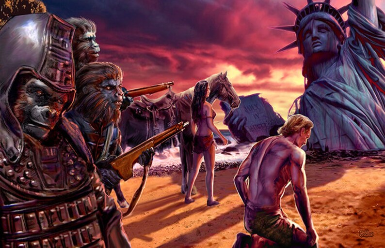 May include: A group of ape-like figures, some armed with rifles, stand on a beach with a woman in a loincloth and a man kneeling in the foreground. The Statue of Liberty is partially visible in the background, with a red and orange sunset sky.