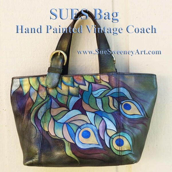 Bolso Coach cuero pintado a mano, plumas de pavo real pintado en entrenador Vintage a mano
