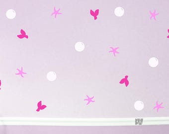 Mermaid Bathroom Decor. Beach Decals. Pink Bathroom Decals. Sea Star Decals. Nursery wall decal. Wall sticker. Home decor decals.