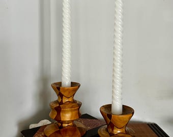 Handmade Wood Inlay Pieced Wooden Candlestick Candleholders