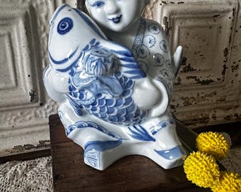 Chinoiserie Blue and White Asian Figurine with Koi Fish