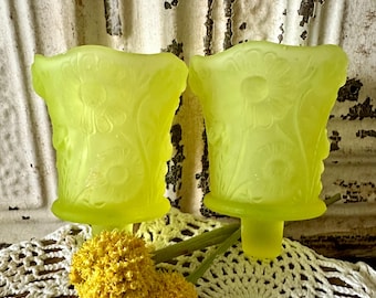 Vintage Uranium Yellow Glass Floral Fenton Candle Votive Holders