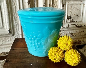Vintage French Portieux Vallerysthal Blue Opaline Glass Lidded Jar Grapes Leaves