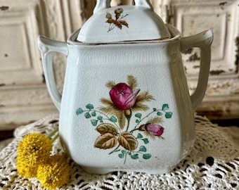 Antique Ironstone Alfred Meakin Moss Rose Sugar Bowl with Lid