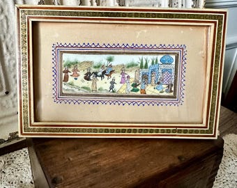 Vintage Persian Miniature Art-Court Yard Scene-Handmade Bone Khatam frame-Inlaid Wood Frame