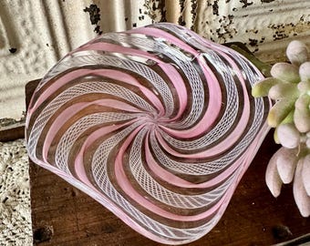 Fratelli Toso Murano Pink White Ribbons Italian Art Glass Fazzoletto Trinket Dish