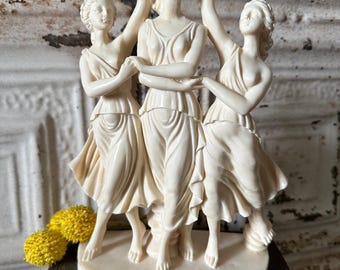 Vintage Three Graces Figurine Alabaster Resin Statue, Classical Greek Mythology Sculpture, Dark Academia Decor