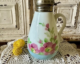 Antique Hand Painted Floral Milk Glass Syrup Pitcher