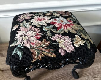 Vintage Antique Cast Iron Needlepoint Embroidered Floral Footstool Stool