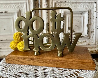 Vintage Brass and Oak Wood "Do It Now" Office Desk Letter or Bill Organizer