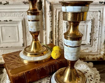 Vintage Brass Mother of Pearl Mosaic Inlay MOP Candlestick Holders