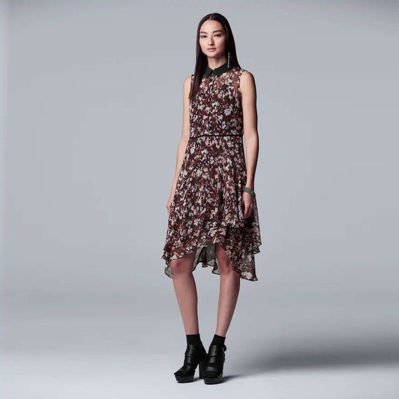 Simply Vera Wang Collared Tiered Chiffon Shirt Dress Black and Red