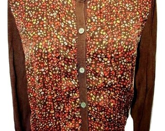 Dkny 100% Tussah Seide Bluse Pullover Strickjacke Braun Floral - S / M