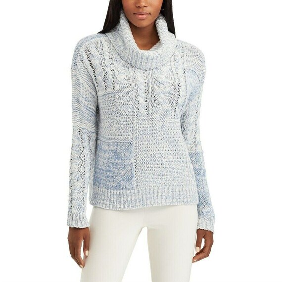 TheJenShop Womens Patchwork Cowl-Neck Sweater - Blue Cream