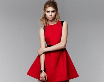 Red/Black Colorblock Fit And Flare Dress W/ Pockets