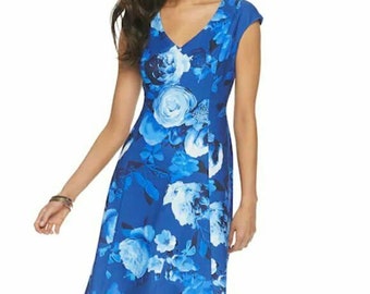 Womens Apt. 9 Royal Blue Floral Scuba Fit And Flare Dress - Large L