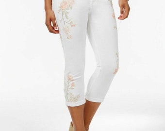 Buffalo David Bitton High Rise Embroidered Cropped Jeans White 6