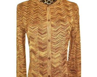 Womens Missoni Gold Metallic Space-Dye Knit Chevron Sweater Cardigan