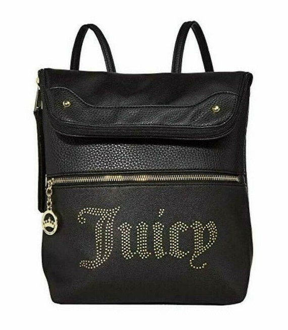 Juicy Couture Black Faux Leather Gold Bling Charm Backpack 