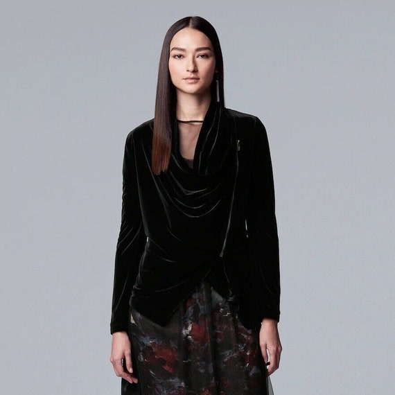 Womens Simply Vera Wang Fitted Asymmetrical Velvet Jacket - Black - Medium